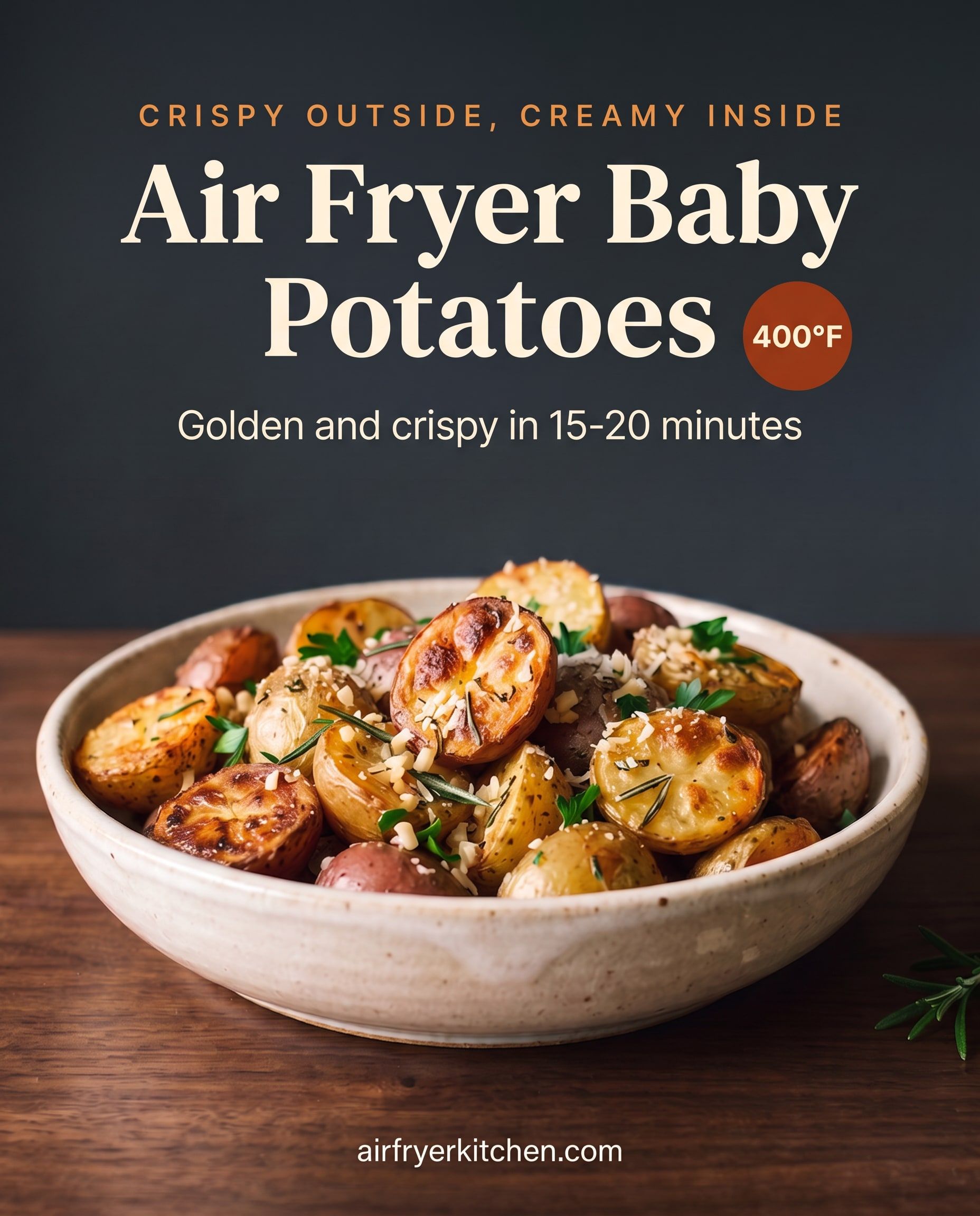 A bowl of crispy halved baby potatoes with garlic, rosemary, parsley and parmesan, with the text Crispy outside, creamy inside, Air Fryer Baby Potatoes, golden and crispy in 15-20 minutes, 400°F.