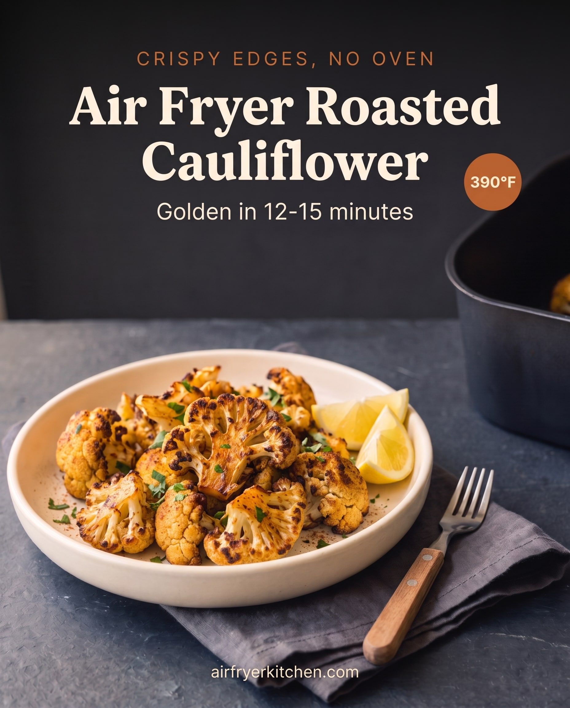 A cream dish of caramelized roasted cauliflower florets with parsley, lemon and a fork on a grey napkin, with the text Air Fryer Roasted Cauliflower, golden in 12-15 minutes, 390°F.