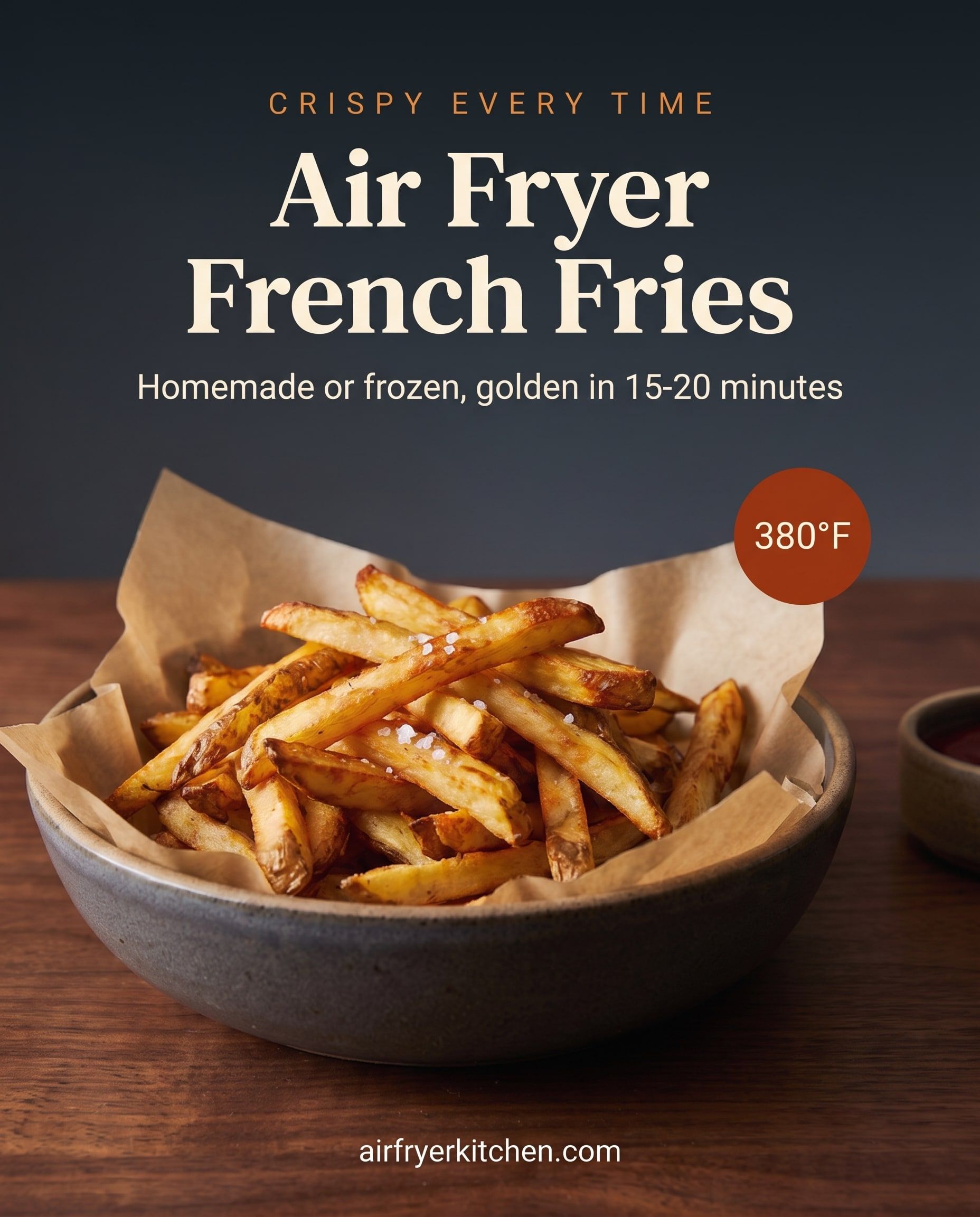 Golden homemade French fries with flaky sea salt in a parchment-lined bowl with a dish of ketchup, with the text Crispy every time, Air Fryer French Fries, homemade or frozen, golden in 15-20 minutes, 380°F.