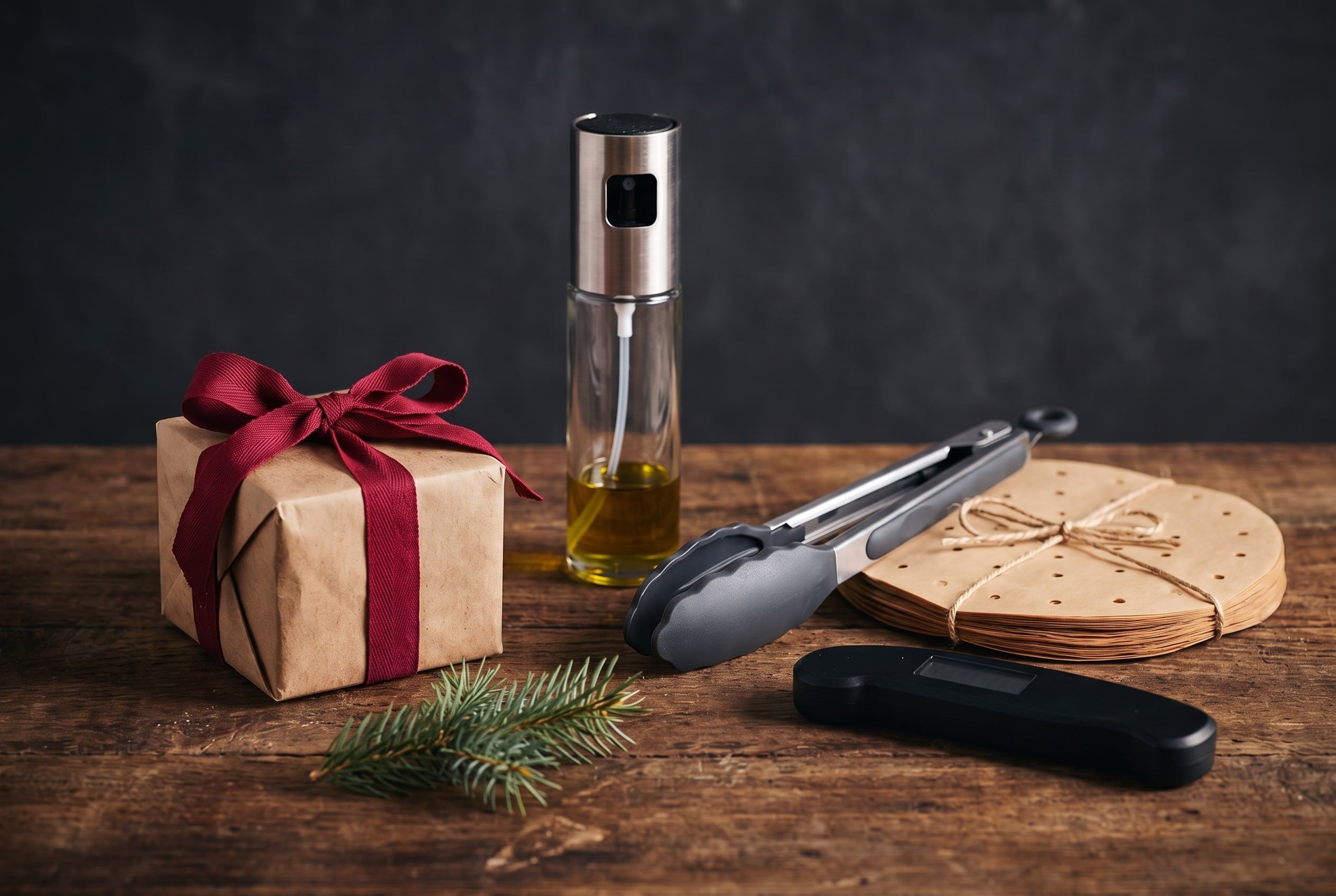 A wrapped gift box beside an oil sprayer, tongs, parchment liners and a meat thermometer