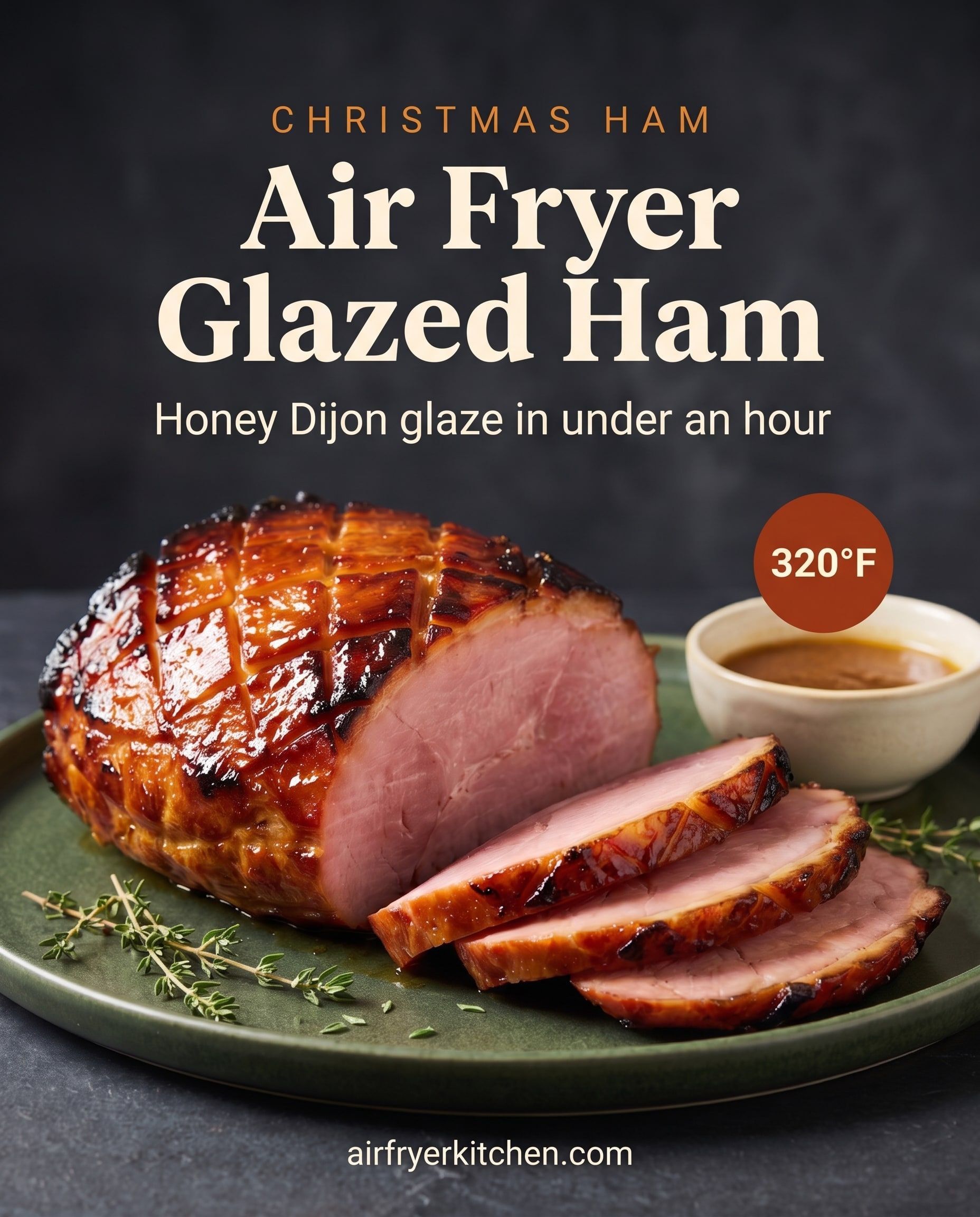 A honey Dijon glazed ham with a scored, caramelized top on a green plate with three slices and a dish of glaze, and the text Air Fryer Glazed Ham, honey Dijon glaze in under an hour, 320°F.
