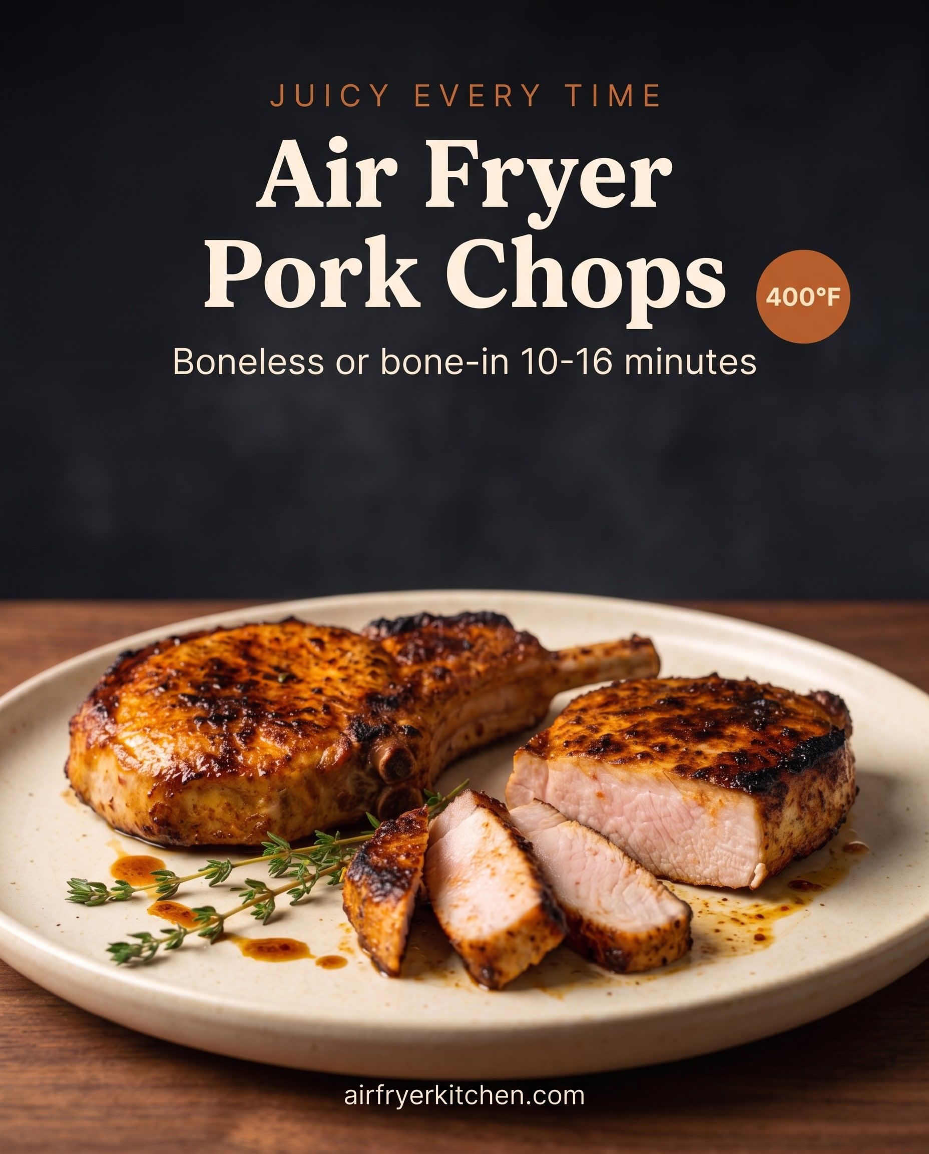 A golden bone-in pork chop and a sliced boneless pork chop with a juicy center on a cream plate with thyme, with the text Juicy every time, Air Fryer Pork Chops, boneless or bone-in 10-16 minutes, 400°F.