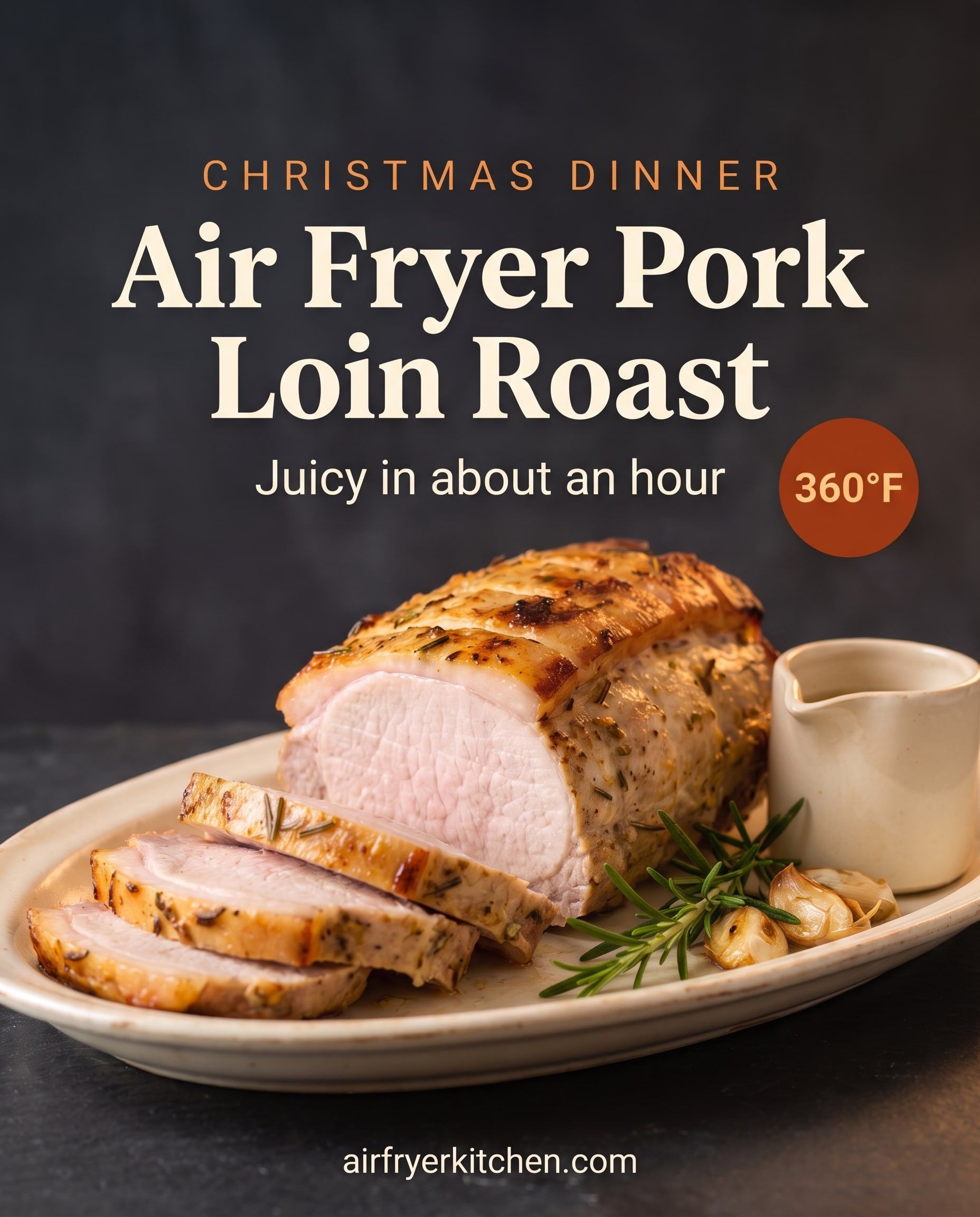 A garlic herb pork loin roast on a cream platter with three thick slices, rosemary, roasted garlic and a gravy boat, with the text Air Fryer Pork Loin Roast, juicy in about an hour, 360°F.