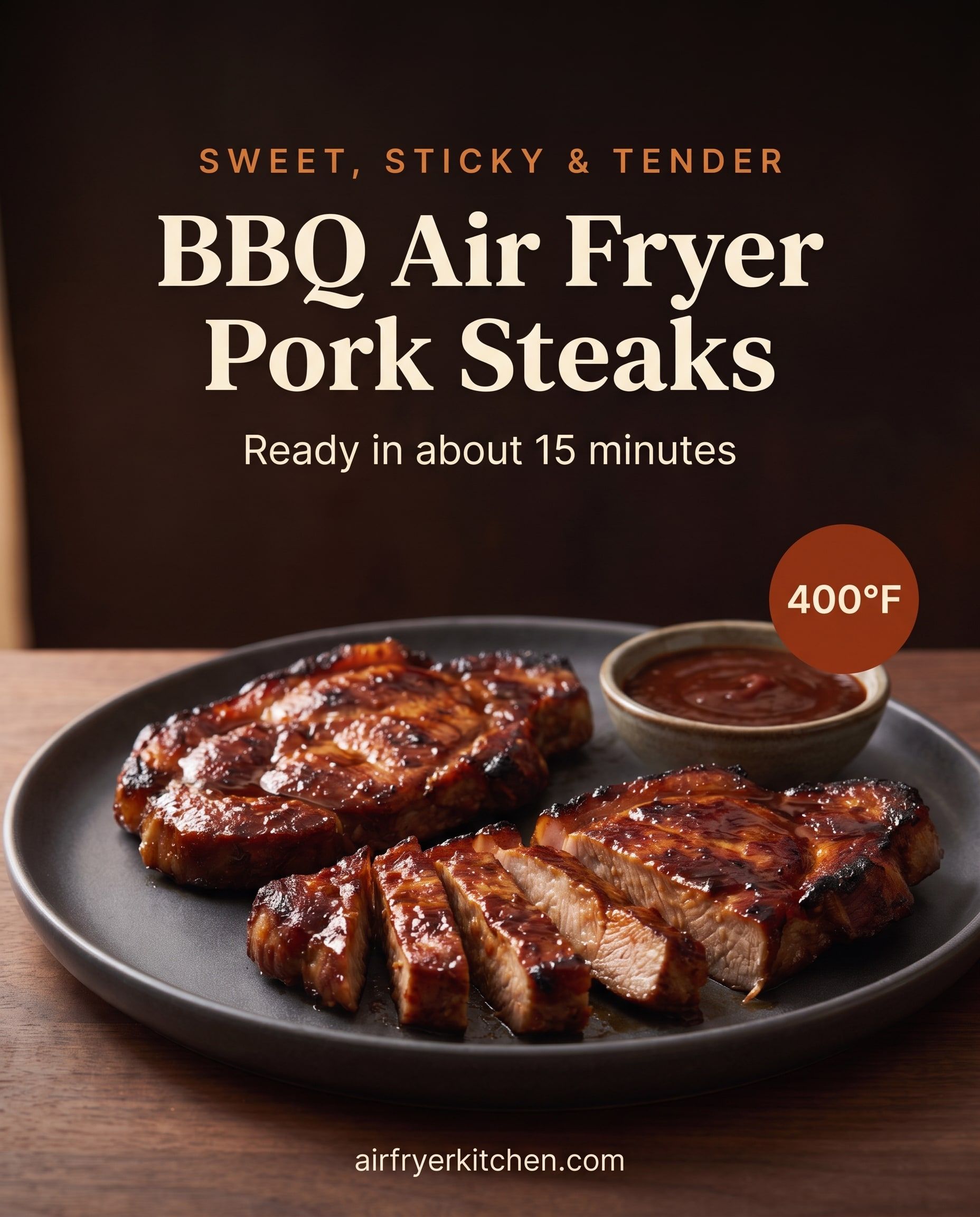 Two sticky BBQ-glazed pork steaks on a charcoal plate, one sliced, with a bowl of barbecue sauce, with the text Sweet, sticky and tender, BBQ Air Fryer Pork Steaks, ready in about 15 minutes, 400°F.