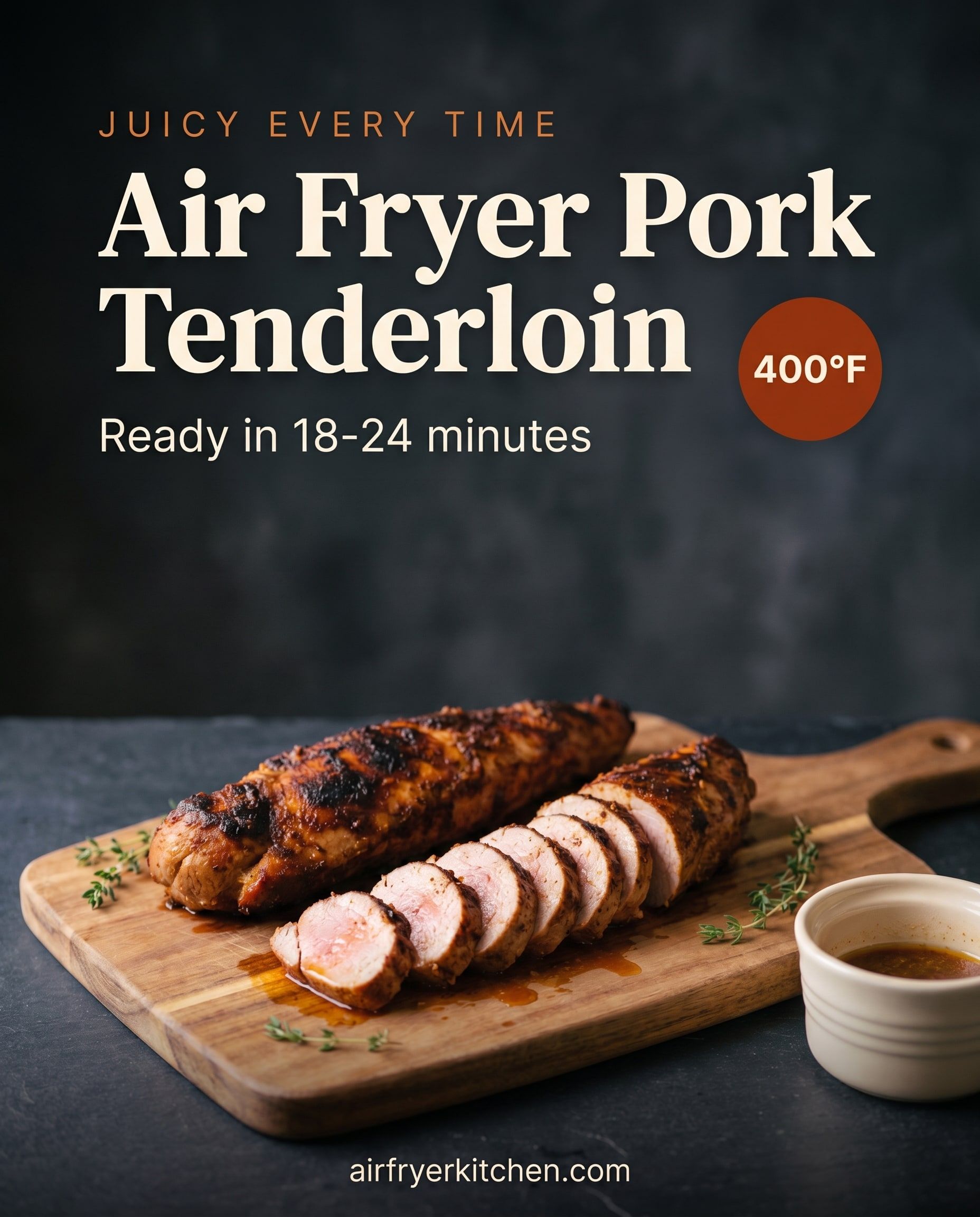 Two caramelized brown sugar pork tenderloins on a wooden board, one sliced to show a juicy center, with the text Air Fryer Pork Tenderloin, ready in 18-24 minutes, 400°F.