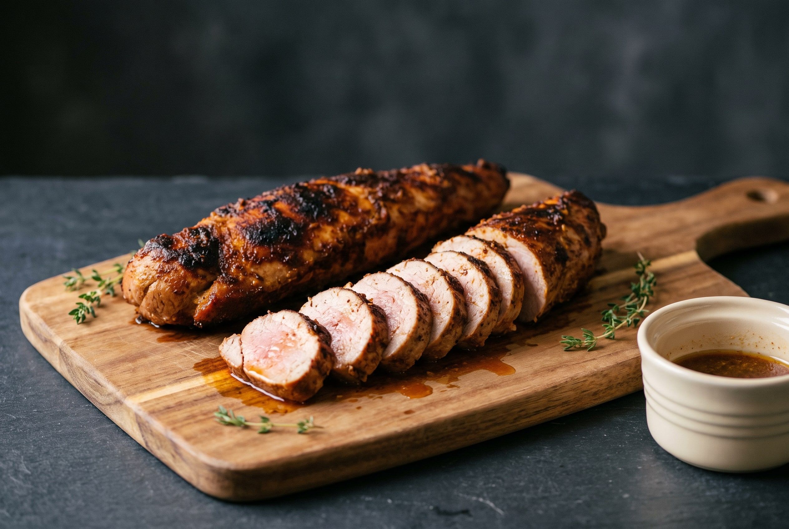 Sliced brown sugar garlic pork tenderloin with a caramelized crust and a juicy, slightly pink center