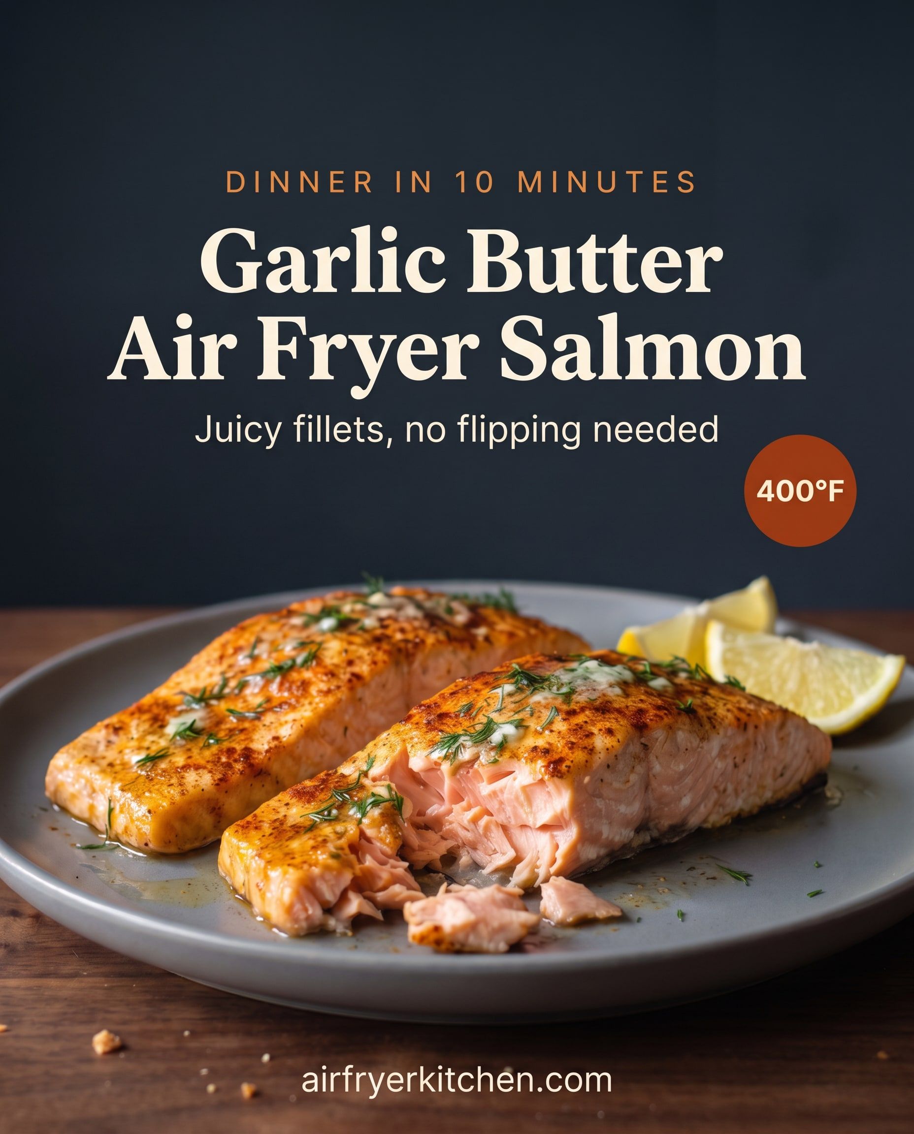 Two garlic butter salmon fillets with dill and lemon wedges, one flaked open, with the text Dinner in 10 minutes, Garlic Butter Air Fryer Salmon, juicy fillets, no flipping needed, 400°F.