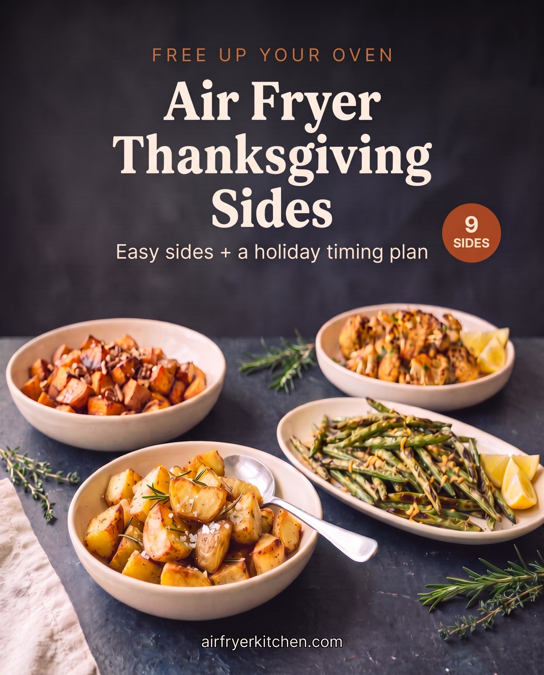 Four cream dishes of air fryer sides: maple sweet potatoes, rosemary roasted potatoes, parmesan green beans and roasted cauliflower, with the text Air Fryer Thanksgiving Sides, easy sides and a holiday timing plan, 9 sides.