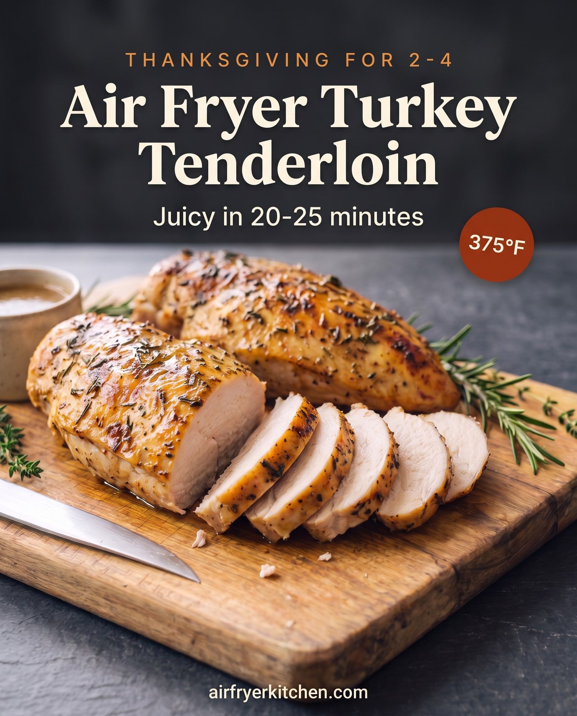 Two golden herb butter turkey tenderloins on a wooden board, one sliced to show juicy white meat, with the text Air Fryer Turkey Tenderloin, juicy in 20-25 minutes, 375°F.