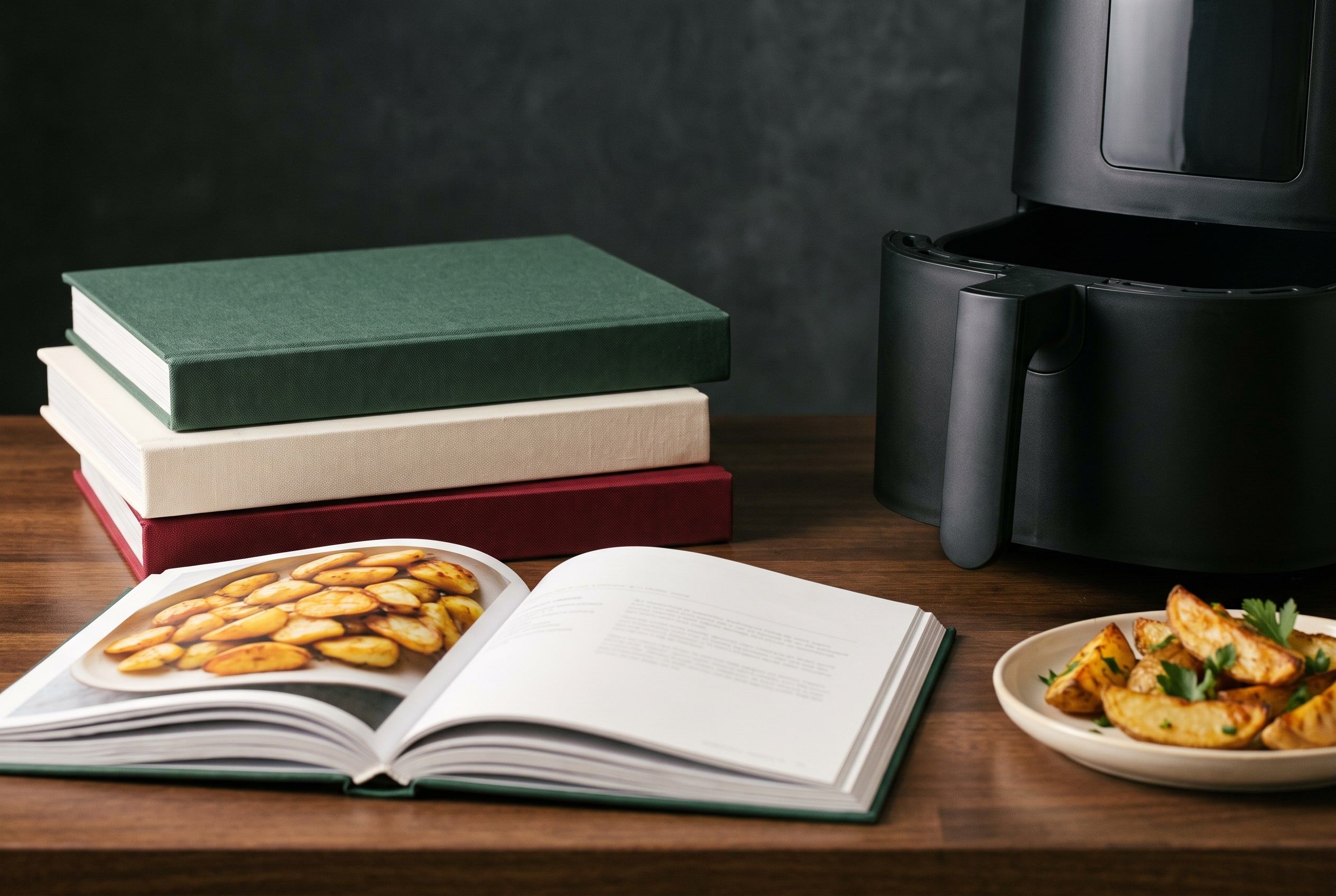 A few air fryer cookbooks stacked on a kitchen counter beside an air fryer and a plate of crispy potatoes