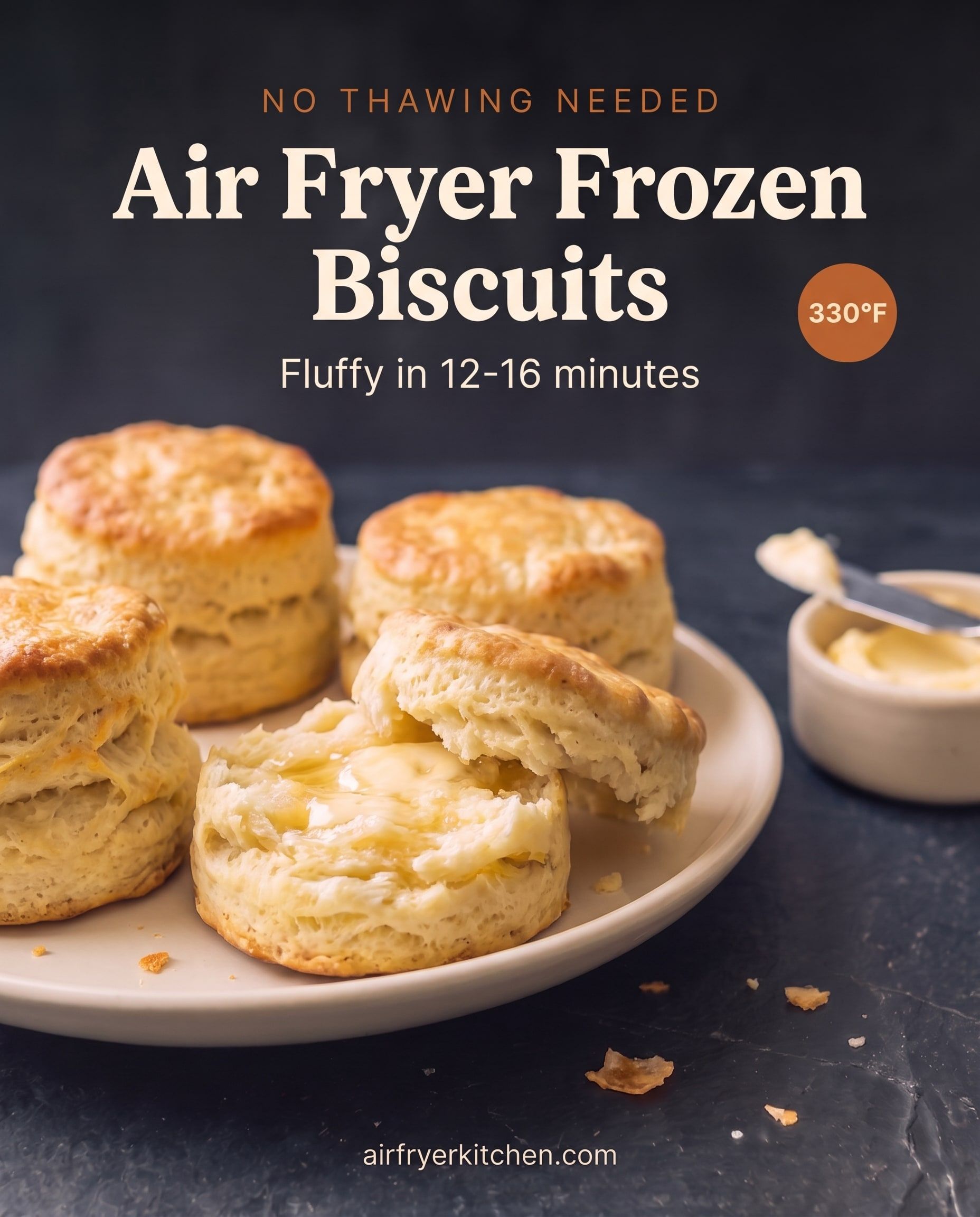 A cream plate of tall golden biscuits, one split with melting honey butter, beside a dish of butter, with the text Air Fryer Frozen Biscuits, fluffy in 12-16 minutes, 330°F.